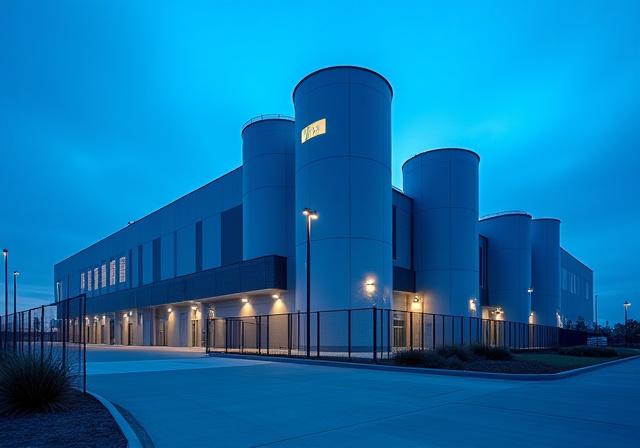Modern AI data center facility with cooling infrastructure visible