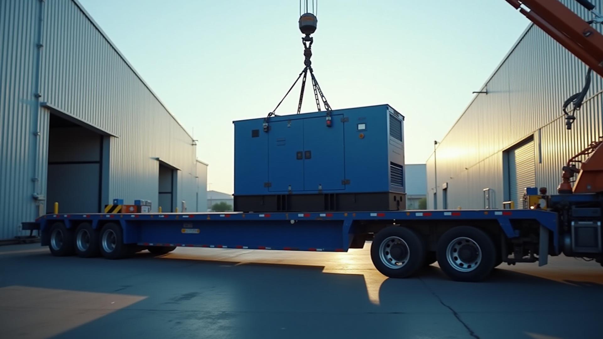 Heavy equipment being loaded onto a professional flatbed truck for data center delivery