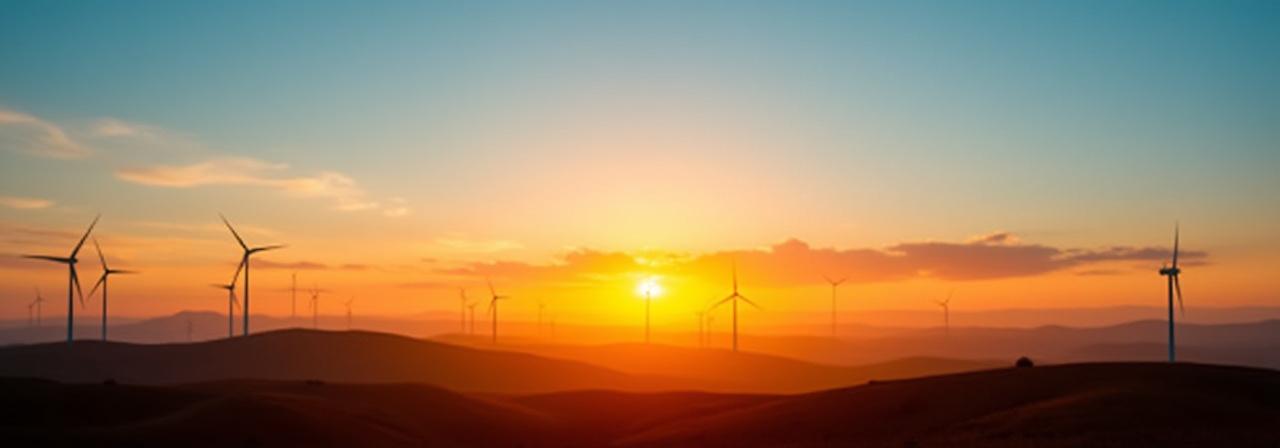 Wind farm at sunset symbolizing clean energy future