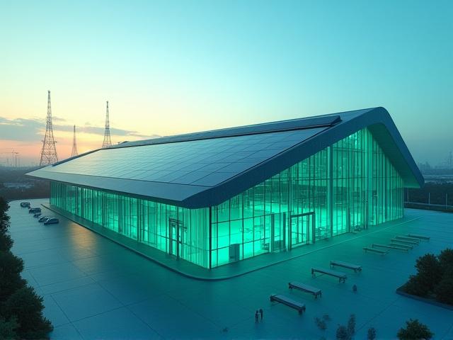Futuristic schematic of a battery giga-factory and energy grid